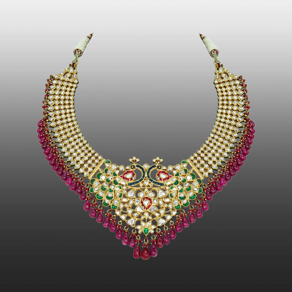 Necklace with Peacock Motifs, Polkis, and Ruby Drops